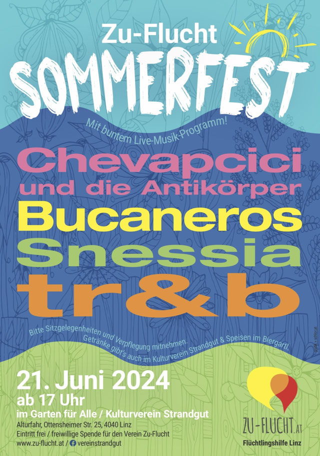 Flyer für das Sommerfest von Zu-flucht. Es werden Musikacts angekündigt: Chevapcici und die Antikörper, Bucaneros, Snessia, tr&b. 21. Juni ab 17:00