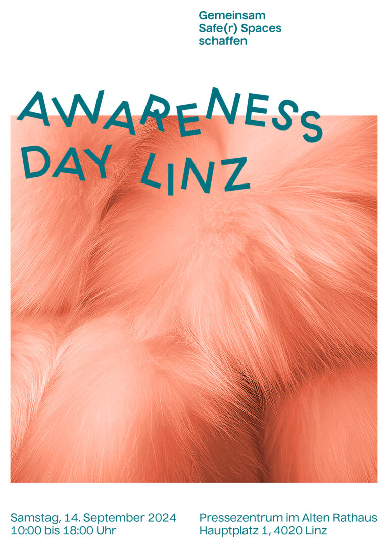 Ein Plakat für den 2. Awareness Day in Linz am 14. September 2024 von 10 bis 18 Uhr. Die Schrift ist türkis auf einem rosa Hintergrund.